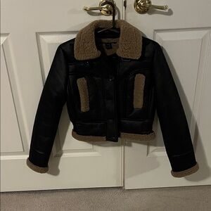 French Connection cropped Black and Brown Shearling Jacket. Size xs.